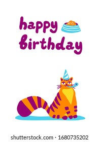 Cute orange funny cat colorful illustration. Happy birthday. Greeting cards, posters, banners, stickers, tshirts, web, flyers, invitation, brochure. Vector design concept