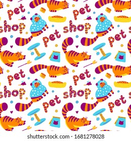 Cute orange funny cat colorful illustration seamless pattern. Lovely cat. Greeting cards, posters, banners. Vector design concept isolated on white background