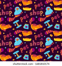 Cute orange funny cat colorful illustration seamless pattern. Lovely cat. Greeting cards, posters, banners. Vector design concept on dark background