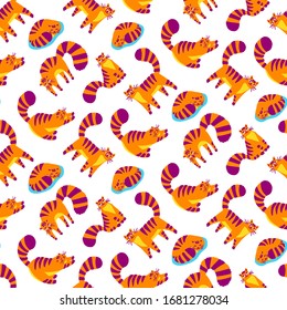 Cute orange funny cat different poses, colorful illustration seamless pattern. Lovely cat. Greeting cards, posters, banners. Vector design concept isolated on white background