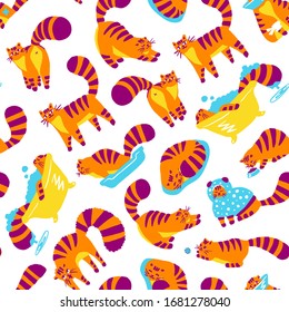 Cute orange funny cat different poses, colorful illustration seamless pattern. Lovely cat. Greeting cards, posters, banners. Vector design concept isolated on white background