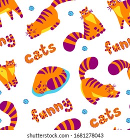 Cute orange funny cat different poses, colorful illustration seamless pattern. Lovely cat. Greeting cards, posters, banners. Vector design concept isolated on white background