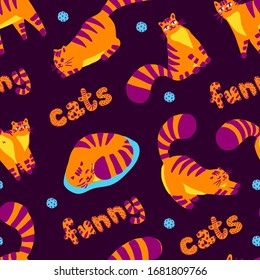 Cute orange funny cat different poses, colorful illustration seamless pattern. Lovely cat. Greeting cards, posters, banners. Vector design concept on dark background