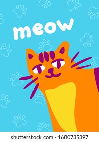 Cute orange funny cat say meow colorful illustration. Greeting cards, posters, banners, stickers, tshirts, web, flyers, invitation, brochure. Vector design concept on blue background