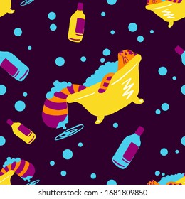 Cute orange funny cat washes in a bath. Colorful illustration seamless pattern. Lovely cat. Greeting cards, posters, banners. Vector design concept on dark background