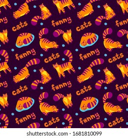 Cute orange funny cats different poses, colorful illustration seamless pattern. Lovely cat. Greeting cards, posters, banners. Vector design concept on dark background