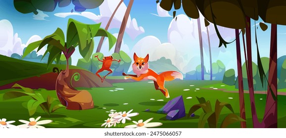 Lindo zorro peludo naranja y rana roja con cara sonriente feliz saltando juntos en el bosque. Vector de dibujos animados animales salvajes amigos que se divierten en el bosque con árboles y flores de margarita en hierba verde.