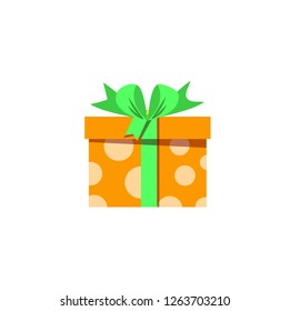 Cute orange gift box wrapped with festive ribbon isolated on white background. Sale, shopping, birthday, christmas, new year, valentines. Present icon, logo. anniversary, sticker, clip art. Vector.
