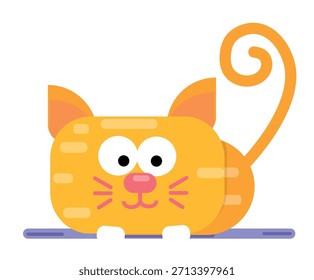 Cute Orange Ginger Cat Cartoon Character Happy Flat Vector Illustration with Big Eyes, Curly Tail and Playful Kids Design Kawaii Kitty Sticker Mascot Shirt Graphic Pet Icon