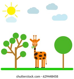 Cute orange giraffe chewing green grass and standing next to two trees. Simple vector illustration for children.