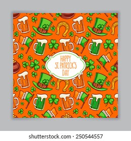 cute orange greeting card for St. Patrick`s Day. Hand-drawn illustration.