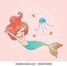 Cute orange hair mermaid vector illustration