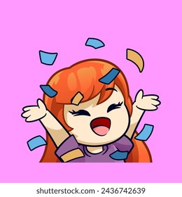 cute orange haired girl celebrate party with confetti emotes sticker cartoon vector illsutration