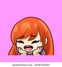 cute orange haired girl holding cheek shy ashamed emotes sticker cartoon vector illsutration