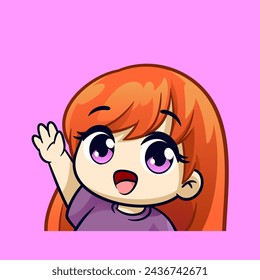 cute orange haired girl waving hand hello emotes sticker cartoon vector illsutration
