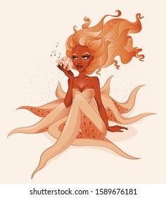 Cute orange half human octopus holding shell in hand