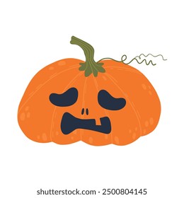 A cute, orange Halloween pumpkin with a sad, carved face featuring droopy eyes and a frown. The green stem and curly vine add a touch of character to this festive design.