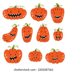 Cute orange Halloween pumpkin set. Halloween kids graphic. Cartoon flat vector 