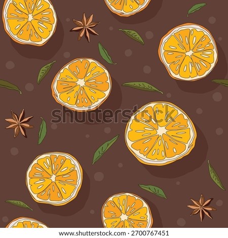 Cute orange halves and star anise doodle line seamless pattern on brown square background graphic illustration.