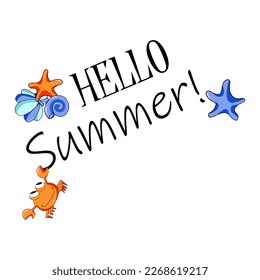 Cute orange hanging crab. Hello Summer. Cartoon vector illustration on a white background.
