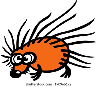 Cute orange hedgehog, full of pointy and large spines and exhibiting a fearful and shy aspect with bulging and sad eyes