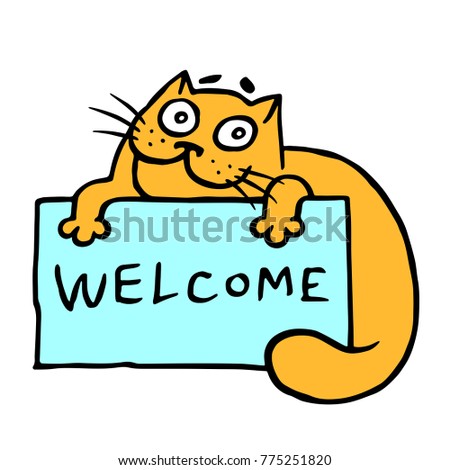 Cute orange hospitable cat invites for a holiday. Funny cartoon cool character. Cheerful pet for web icons and shirt. Isolated vector illustration.