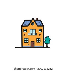 Cute orange house hand drawn. Residential building.
