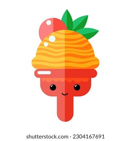 Cute orange ice cream character, tasty dessert with eyes and smile, summer food, frozen sweet food illustration with strawberry topping.