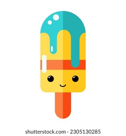 Cute orange ice cream character, tasty dessert with eyes and smile, summer food, frozen sweet food illustration with mint topping.