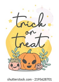 cute orange jack o lantern pumpkin with moon phase in background, Trick or Treat, cartoon doodle hand drawing 