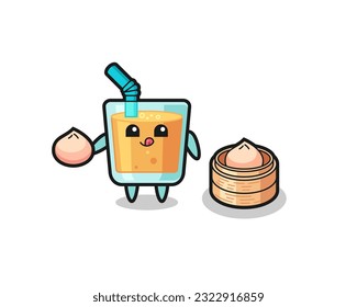 cute orange juice character eating steamed buns , cute style design for t shirt, sticker, logo element