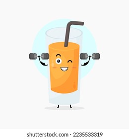 cute orange juice character lifting a barbell