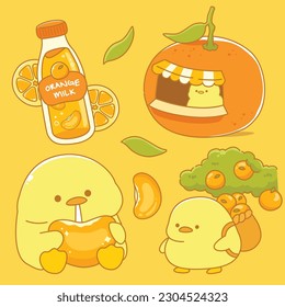 Zumo de naranja dulce kawaii comida con elementos de pegatina de pato lindo