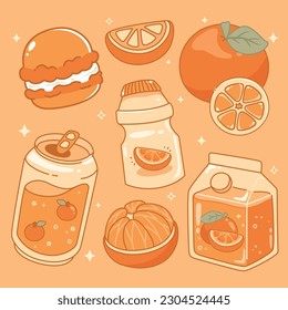 Zumo de naranja, leche de naranja, postre kawaii elementos alimenticios