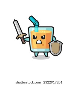 cute orange juice soldier fighting with sword and shield , cute style design for t shirt, sticker, logo element