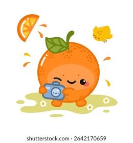 Ilustração de kawaii laranja bonito, fotógrafo de frutas suculentas tropicais com câmera e pássaro 