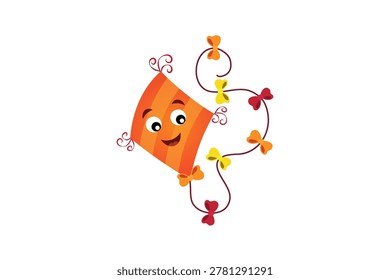 Cute Orange Kite Smiling Face Bow Ribbon String Colorful Cartoon Character Illustration Isolated on White Background