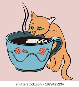 Cute orange kitten with a blue cup of coffee with flowers painted on it with steam streams. The kitten looks in surprise inside the cup. 