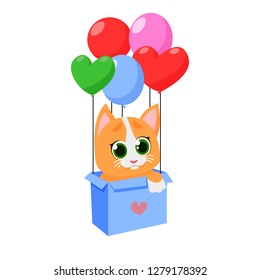 Cute orange kitten in box with air balloons. Cartoon character, heart shape, love. Celebration concept. Can be used for topics like holiday, Valentines day, romance
