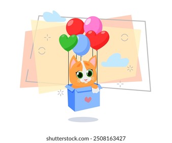 Cute orange kitten in box with air balloons. Cartoon character, heart shape, love. Celebration concept. Can be used for topics like holiday, Valentines day, romance