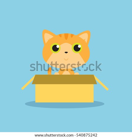 Cute orange kitten in the box isolated vector illustration