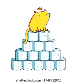 Cute orange kitten with a crown sitting on a toilet paper mountain. Design for stickers, t-shirts, posters, cards. Isolated on white background