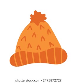 Lindo sombrero de punto naranja con pompón. Ilustración vectorial de sombreros calientes con rayas en estilo plano dibujado a mano de dibujos animados, EPS 10