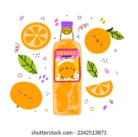 Cute orange lemonade bootle with orange. Vector cartoon character hand drawn style illustration. Kawaii smiling lemonade.Hand drawn cute vector for web,design,print, isolated on white.