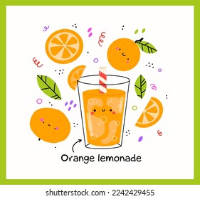 Cute orange lemonade glass with orange. Isolated. Vector cartoon character hand drawn style illustration. Kawaii smiling lemonade.Hand drawn cute vector for web,design,print, isolated on white.