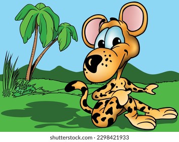 Cute Orange Leopard with Blue Eyes Sitting on the Ground - Colored Cartoon Illustration with Tropical Background, Vector