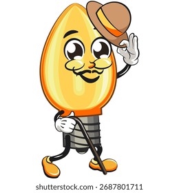 Linda bombilla naranja mascota personaje de dibujos animados Ilustración vectorial aislada llevando un palo y saludando con el sombrero levantado, trabajo de dibujado a mano