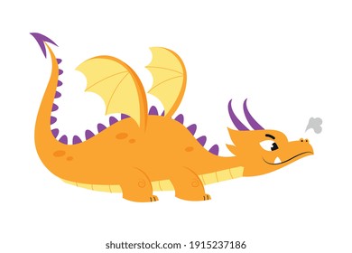 Cute Orange Little Dragon, Funny Baby Dinosaur Fairy Tale Character Cartoon Style Vector Illustration