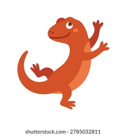 Cute orange lizard climbing vector illustration, funny reptile cartoon character top view