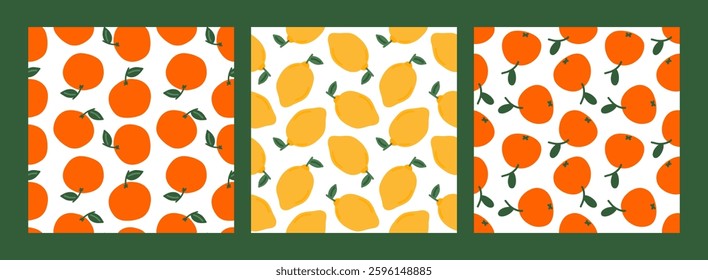 Cute orange mandarin lemon seamless pattern set. Citrus template for packaging, card, print, wallpaper. Childish minimal print. Cartoon background. Hand drawn doodle illustration isolated on white.